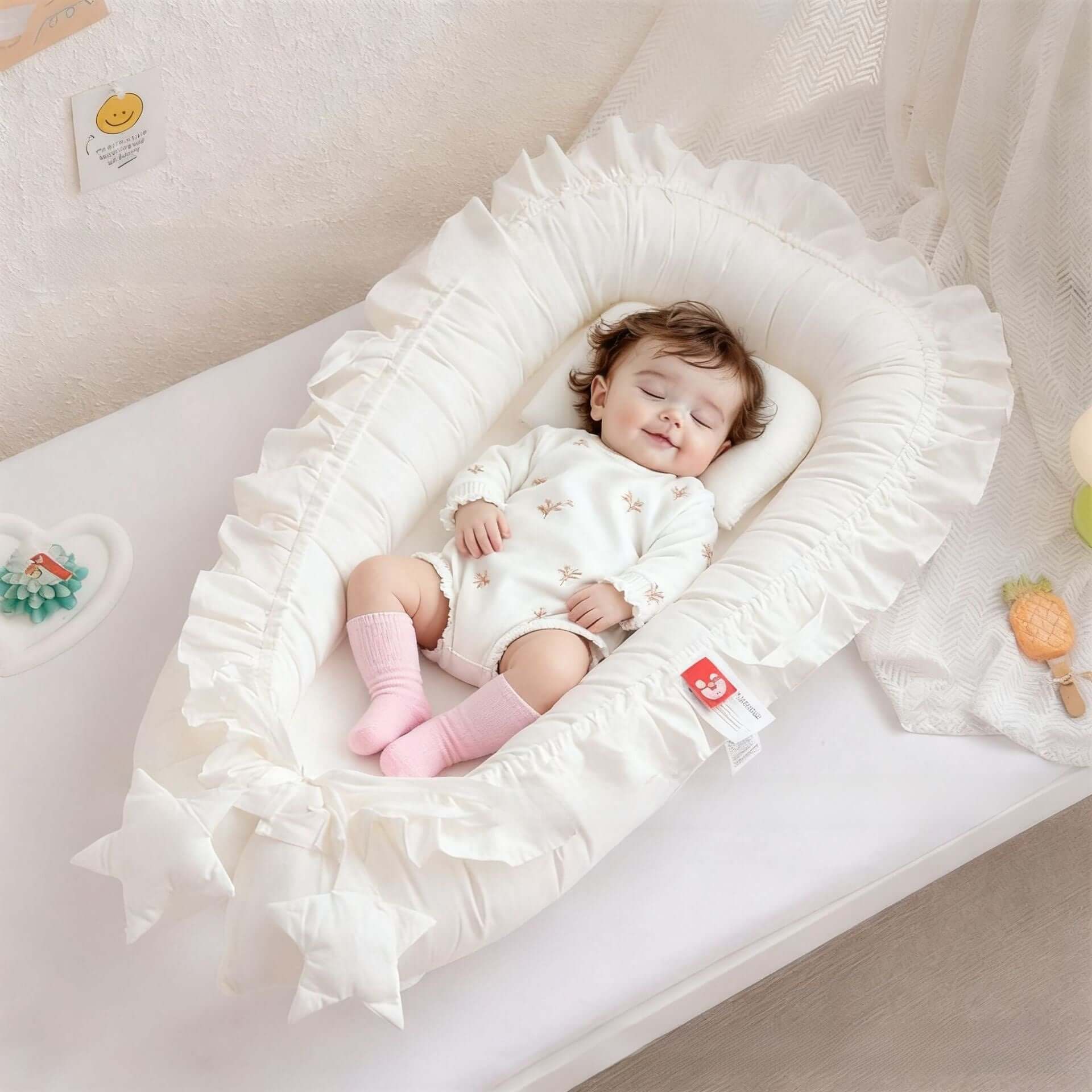 Baby sleeping in a white crib with ruffled edges, wearing a white outfit and pink socks.