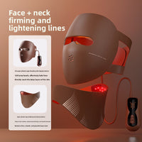 2pxnk0-0u LED light therapy face mask with neck attachment, showing the mask covering the face with LED light panels and adjustable straps.